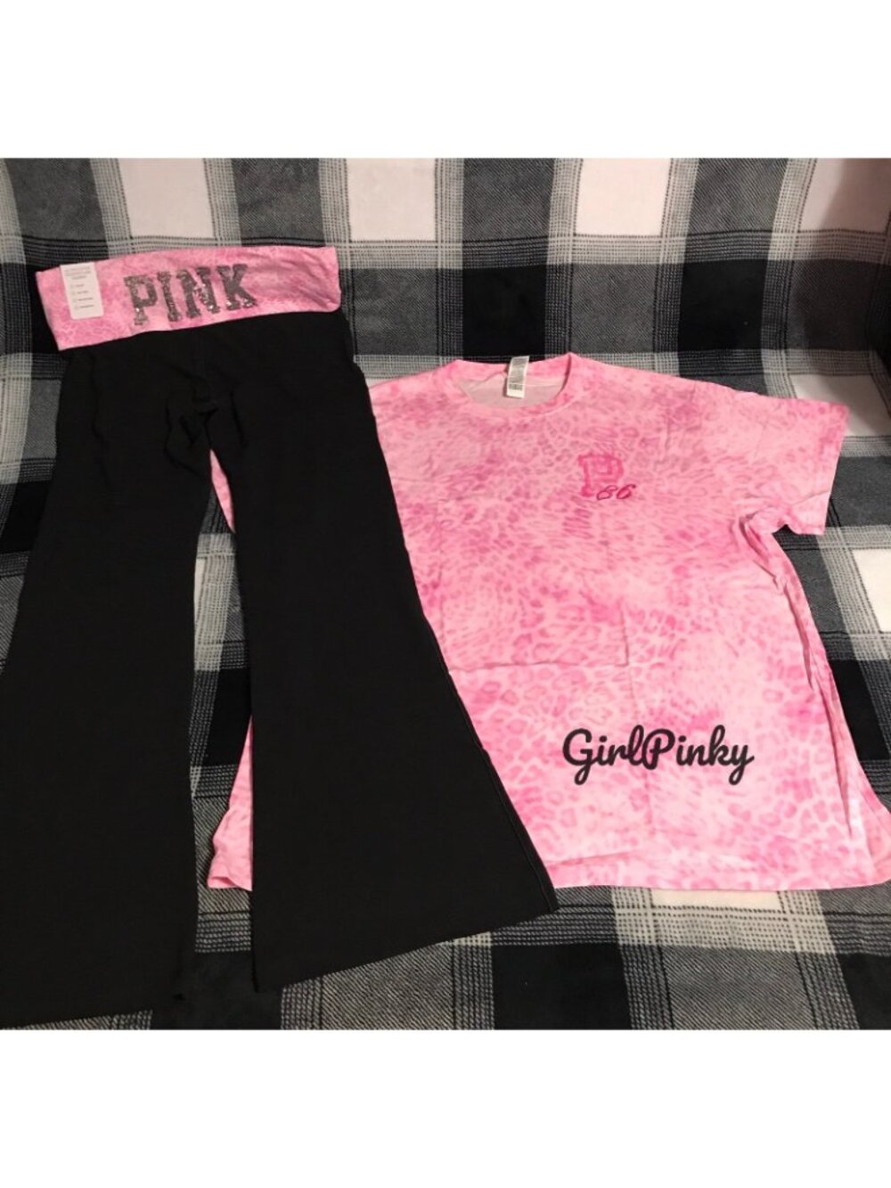 VS PINK FOLDOVER FLARE LEGGINGS & CAMPUS TEE IN PINK LEOPARD PRINT LOGO XS-XL